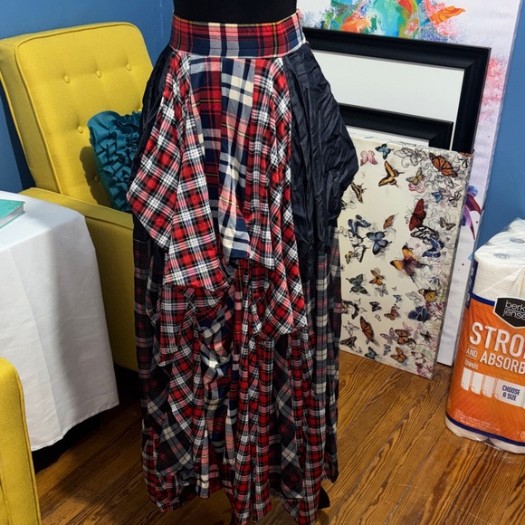 skirt Dresses & Skirts - Asymmetrical Plaid Skirt in Red blue and Black elastic waistband